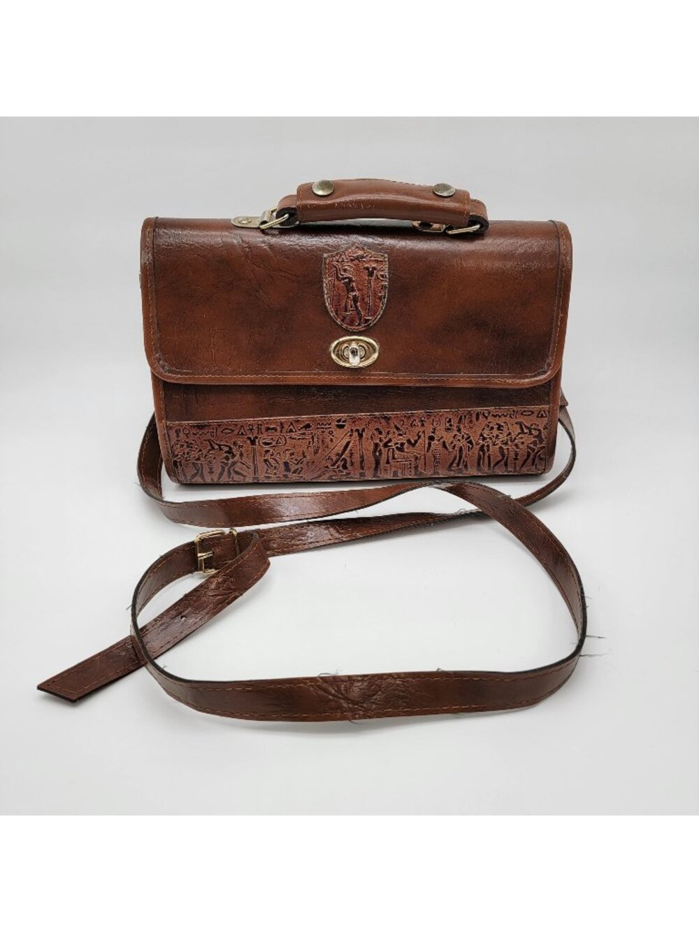 Vintage Tooled Leather Satchel Purse Egyptian Hieroglyphics Motifs Brown
